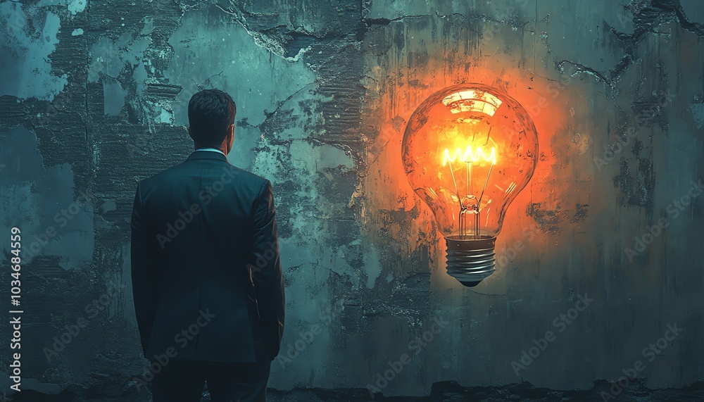 Poster contemporary image of a man in a suit staring at a bright idea sign and an illuminated lightbulb, se