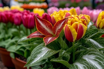 Obraz premium Ajuga Reptans alongside tulips in a spring garden, creating a colorful contrast