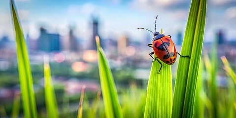 A red and black beetle perched on a blade of grass with a cityscape blurred in the background