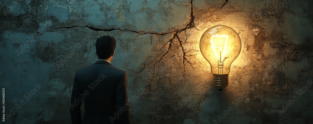 Fototapete stylized 3d image of a man in a suit observing a glowing idea symbol and a lit lightbulb on a weathe