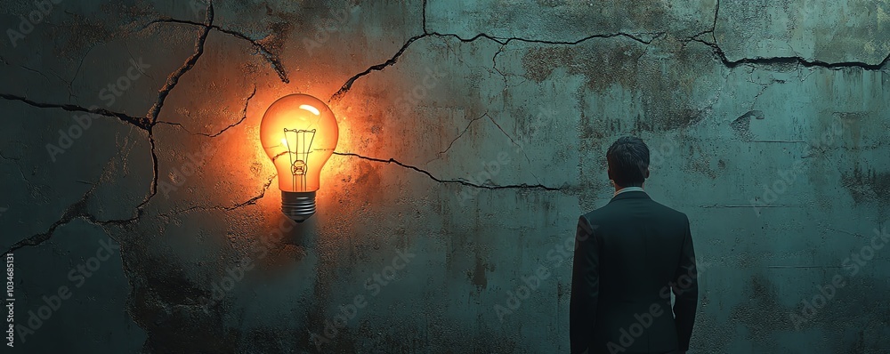 Leinwandbilder Stylized 3D image of a man in a suit observing a glowing Idea symbol and a lit lightbulb on a weathered cracked wall, highlighting themes of creativity and innovation