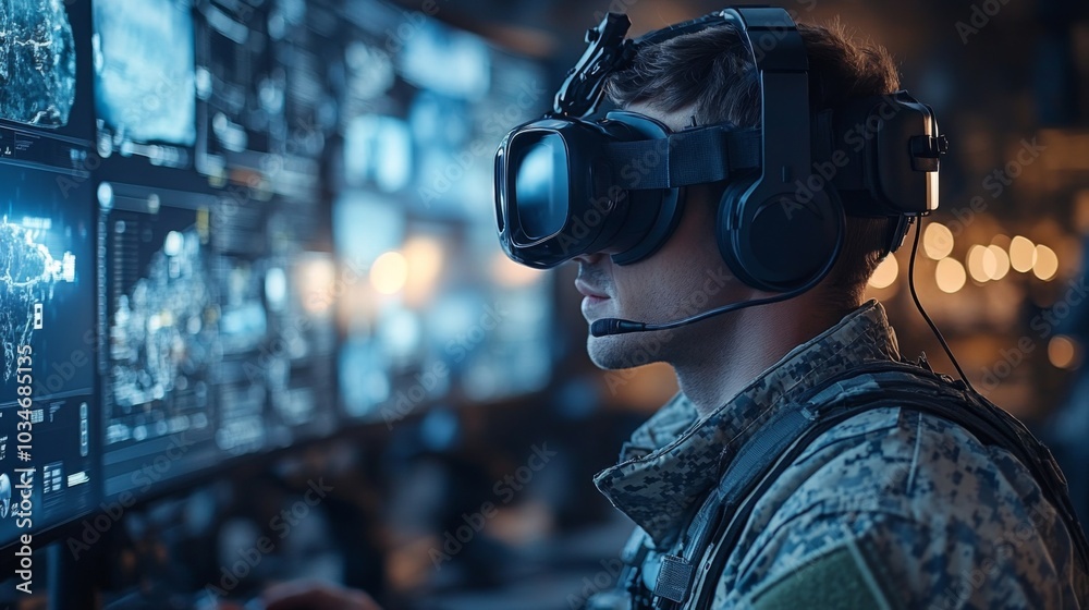 Poster A soldier wearing a virtual reality headset interacts with advanced technology, participating in a simulation in an illuminated command center.