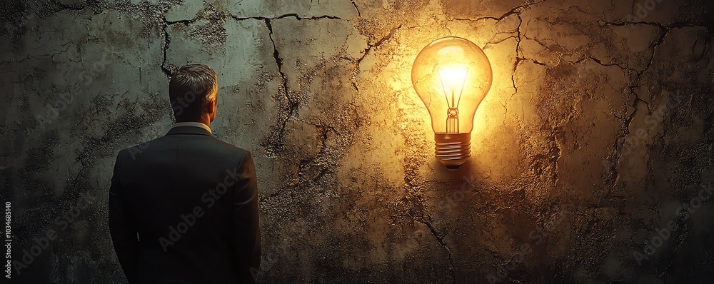Aufkleber stylized 3d image of a man in a suit observing a glowing idea symbol and a lit lightbulb on a weathe