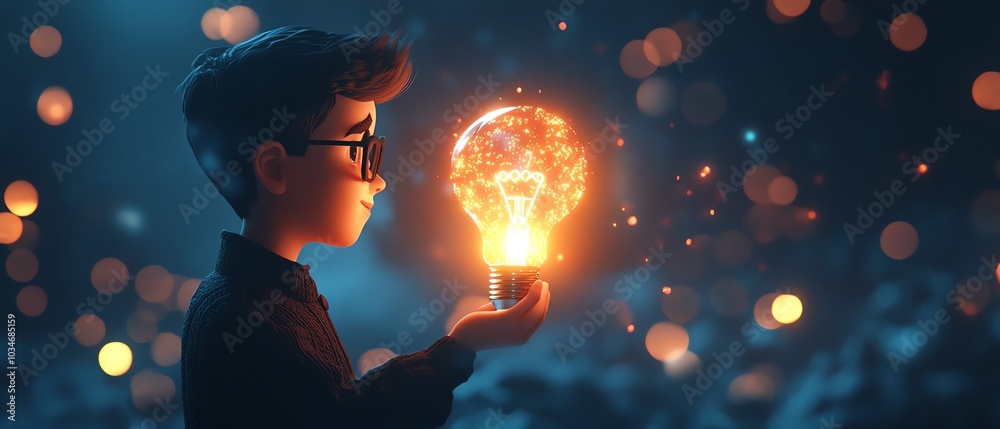 Poster stylized 3d rendering of a man presenting a glowing lightbulb, embodying the essence of creativity a