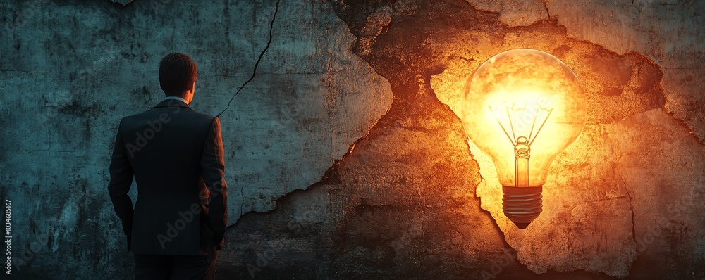Fototapete stylized 3d image of a man in a suit observing a glowing idea symbol and a lit lightbulb on a weathe