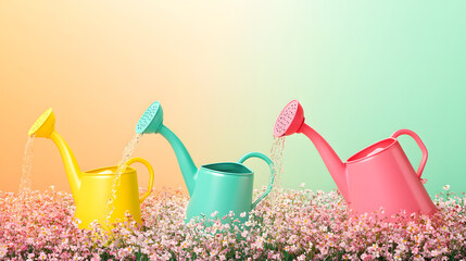 Colorful Abstract Watering Cans in Blooming Flowers