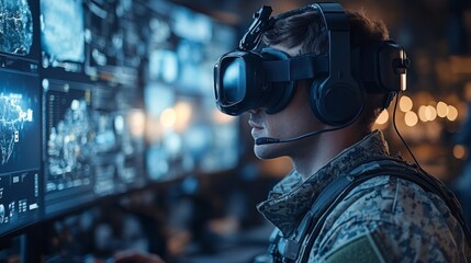 A soldier wearing a virtual reality headset interacts with advanced technology, participating in a simulation in an illuminated command center.