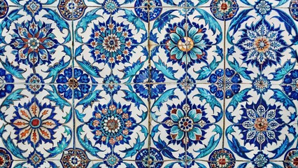 A symphony of blue, orange, and white floral patterns adorns a collection of ceramic tiles, each tile intricately crafted with a unique arrangement of petals, leaves, and swirling designs.