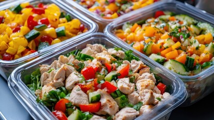 Obraz premium delivery of chicken salad with veggies and cheese for takeout. portion control by putting food in containers. airline food, airline meals, and aircraft snacks. food order online delivery in quarantine