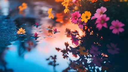 Vibrant Flowers and Reflections in Colorful Puddles