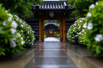 Obraz premium An old Japanese garden gate framed by blooming Kerria Japonica bushes, creating a serene, inviting scene