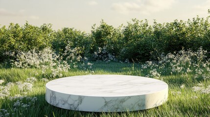 Fototapeta premium Marble Pedestal Stone Podium Stage White Gold In Natural Grass Meadow For Product Display Background 3D Render For Cosmetic Or Other Products