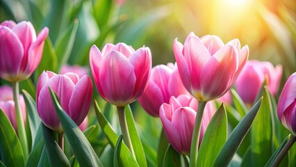Fototapeta premium A vibrant field of pink tulips bathed in warm sunlight, showcasing delicate petals and lush green foliage.
