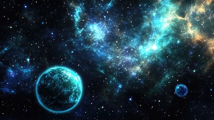 Obraz premium 2D illustration with a deep space stellar background featuring a black universe and a cold nebula in a 3D cartoon rendering