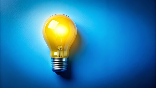 A single glowing incandescent light bulb, illuminating a bright blue backdrop, symbolizing knowledge, inspiration, and innovation