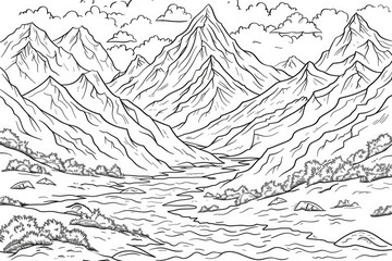 Fototapeta premium Coloring book illustration of a snowy mountain landscape with peaks and valleys