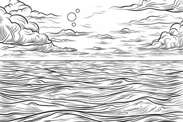 Coloring book illustration of tranquil ocean waters under a cloudy winter sky Sunset with vibrant clouds in the background