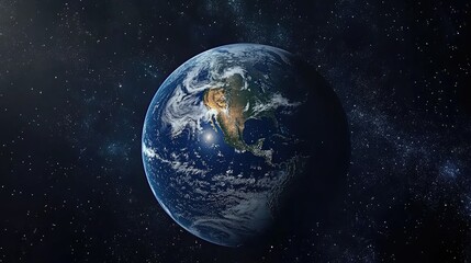 Obraz premium Planet Earth in dark outer space featuring a 3D cartoon rendering of civilization in a wide horizontal format