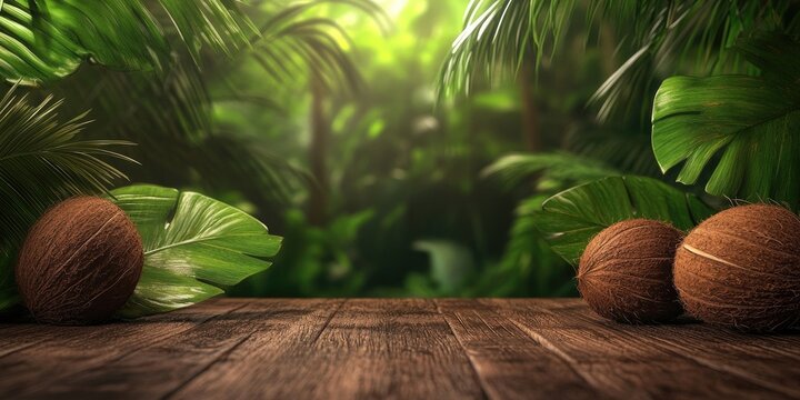 Coconuts and palm leaves displayed on a rustic wooden surface, Coconuts and palm leaves arranged on a wooden surface