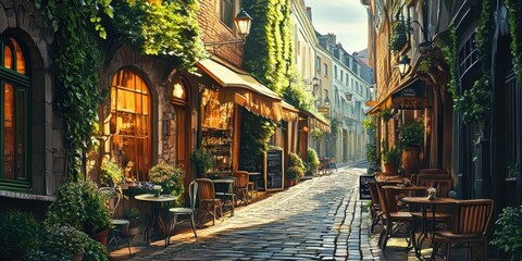 Fototapeta premium Cobblestone street lined with cafes and greenery.