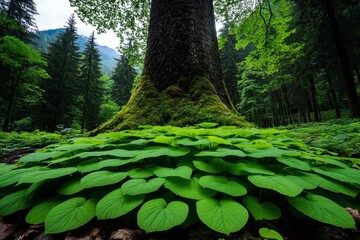 Carpet Bugleweed covering the base of a large tree, creating a beautiful natural setting