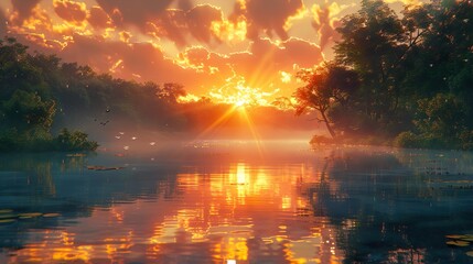 Golden Sunset Over a Tranquil Lake