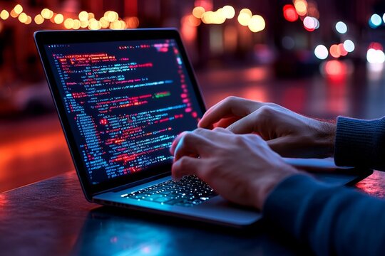 Ethical hacker, shown analyzing code on a laptop while accessing secure systems to find vulnerabilities, with a clean and organized setup