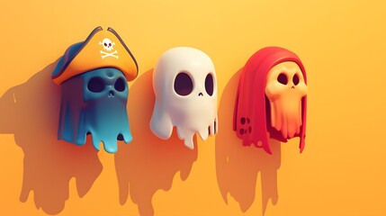 Fototapeta premium Three Cartoon Skulls on a Yellow Background. illustration for Happy Halloween series art background 