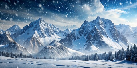 Snowy Peaks Under a Winter Sky, a Serene Landscape of Majestic Mountain Ranges and Tranquil Forest