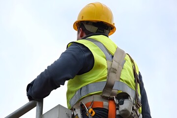 Construction Worker Safety Gear Hard Hat Yellow Vest Ladder