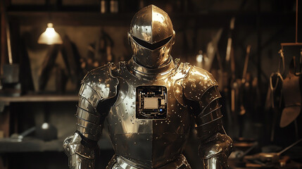 A robot knight in a workshop, mechanical knight armor 