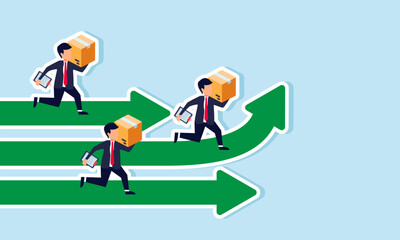 Businesspeople are racing while carrying package boxes and notepads, illustration of competition in the service industry and job sector