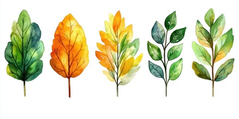 Obraz premium Watercolor painted leaves in various shades of green and yellow.