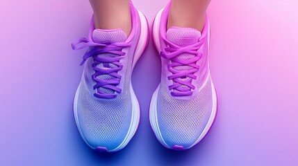 A pair of purple and blue athletic shoes with white laces on a purple background.