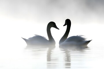 Fototapeta premium Two Swans in Foggy Lake Romantic Nature Bird Silhouettes Wildlife Photography