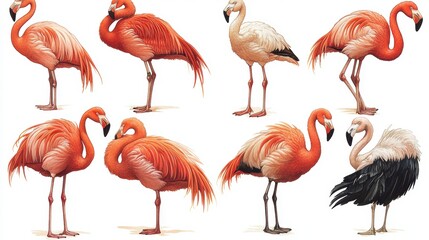 Obraz premium Eight flamingo illustrations, various poses and colors.