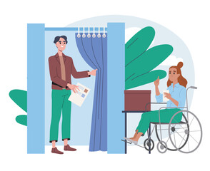 Woman with disabilities votes. Girl in wheelchair near voting booth. Democracy and freedom of speech. Citizen at polls. Elections and referendum. Flat vector illustration isolated on white background