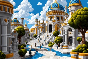 Obraz premium Pixel art version of the Creation Museum exterior, with animated visitors walking through