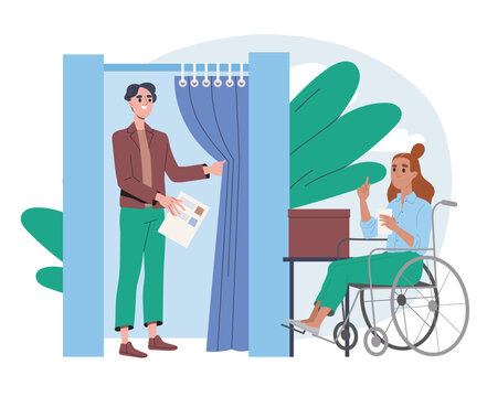 Woman with disabilities votes. Girl in wheelchair near voting booth. Democracy and freedom of speech. Citizen at polls. Elections and referendum. Flat vector illustration isolated on white background