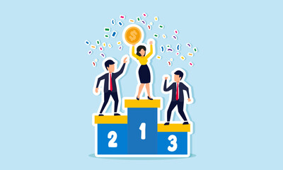 Businesspeople are celebrating the champion, with the first-place winner receiving dollar coins, illustration of success in business competition and achieving profits and revenue
