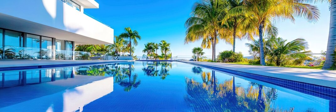 Exterior of amazing modern minimalist cubic villa with large swimming pool among palm tree