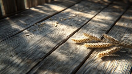 Golden wheat stalks on rustic wooden table.