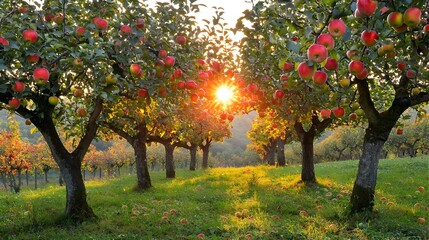 Fototapeta premium Lush apple orchard with rows of trees laden with ripe juicy apples set against a tranquil autumn landscape Bountiful harvest season in a picturesque rural setting