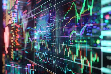 AI-driven stock market analysis on a holographic screen, showcasing advanced financial tools and dynamic data visualization