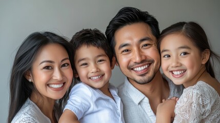 Fototapeta premium Portrait of a happy family, father, mother, and kids smiling brightly against a neutral gray background. Styled like a high-end lifestyle magazine, the photograph captures a light, joyful mood with