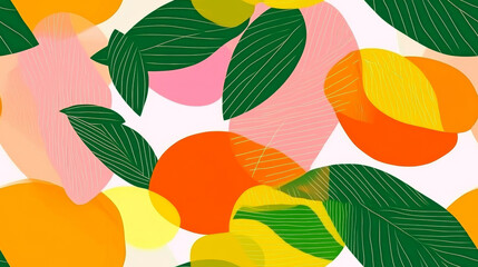 fruit print and plants print in red yellow orange green white colored citrus branches exotic seamless patchwork pattern. fashion trendy banner background for fabric textile design wallpaper