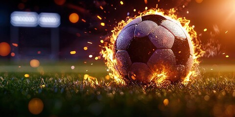 Fototapeta premium Dynamic soccer ball on fire with sparks on a professional field, 
