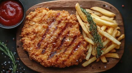 A tantalizing image of a delicious chicken burger accompanied by crispy golden french fries,