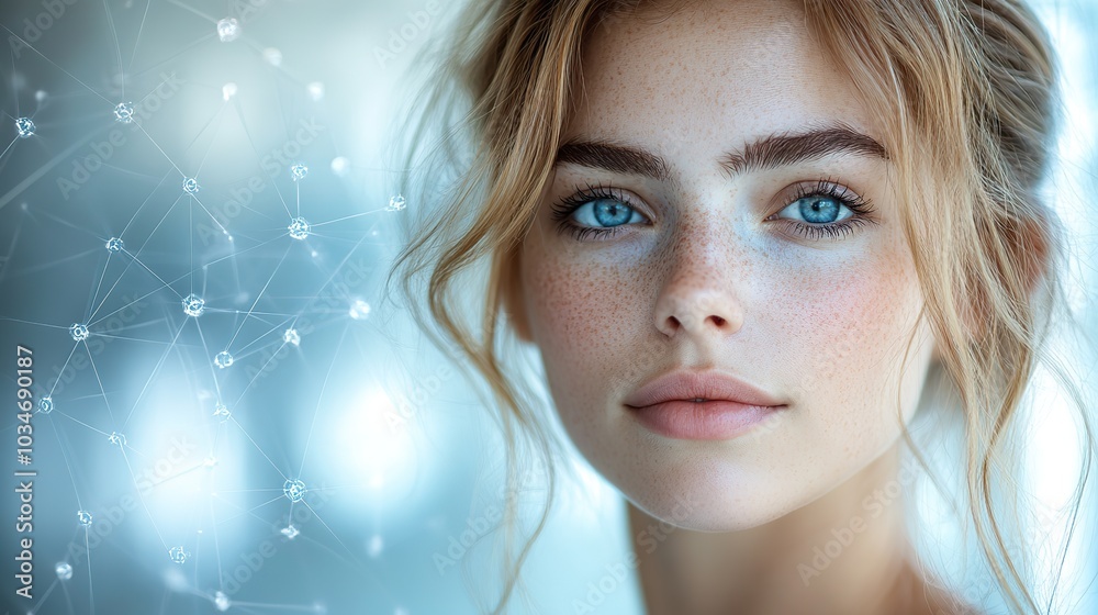 Poster woman with contemplative expression and neural network overlay symbolizing cbt introspection.image