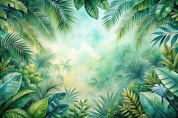 Aerial view of tropical jungle background painted in watercolor